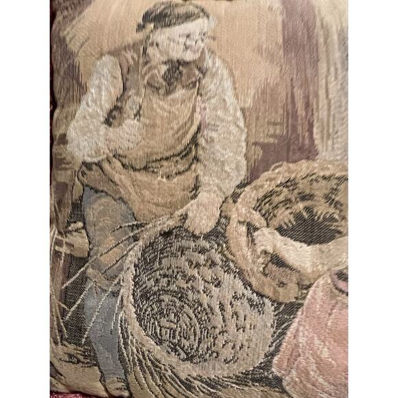Antique FRENCH TAPESTRY w/ LITTLE GIRL TAKING BROKEN BASKET to the BASKET MAKER - Picture 8 of 11